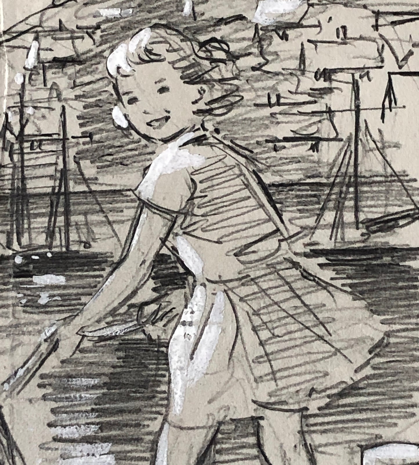 An Original Illustration From The 1950’s. Children Playing by The Sea. Pencil Drawing With Painted Highlights. Size: 26.5 x 20 cms.