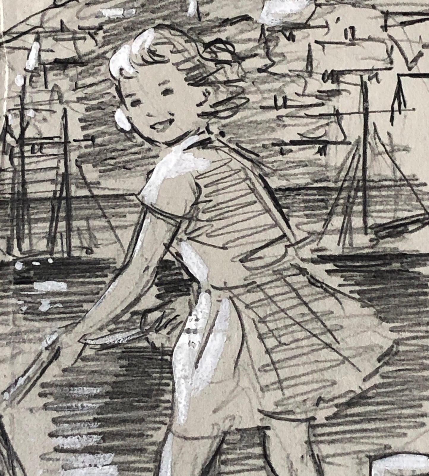 An Original Illustration From The 1950’s. Children Playing by The Sea. Pencil Drawing With Painted Highlights. Size: 26.5 x 20 cms.