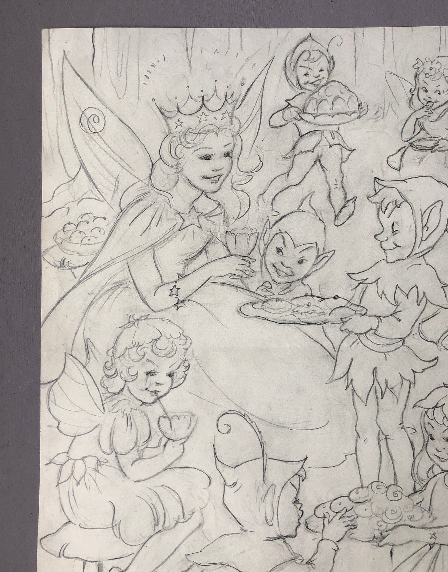 An Original Illustration From The 1950’s. The Fairy Queen and Pixies. Pencil Drawing. Size: 31.4 x 24 cms.