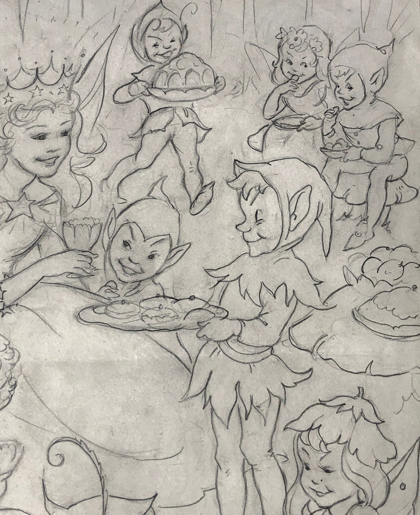 An Original Illustration From The 1950’s. The Fairy Queen and Pixies. Pencil Drawing. Size: 31.4 x 24 cms.