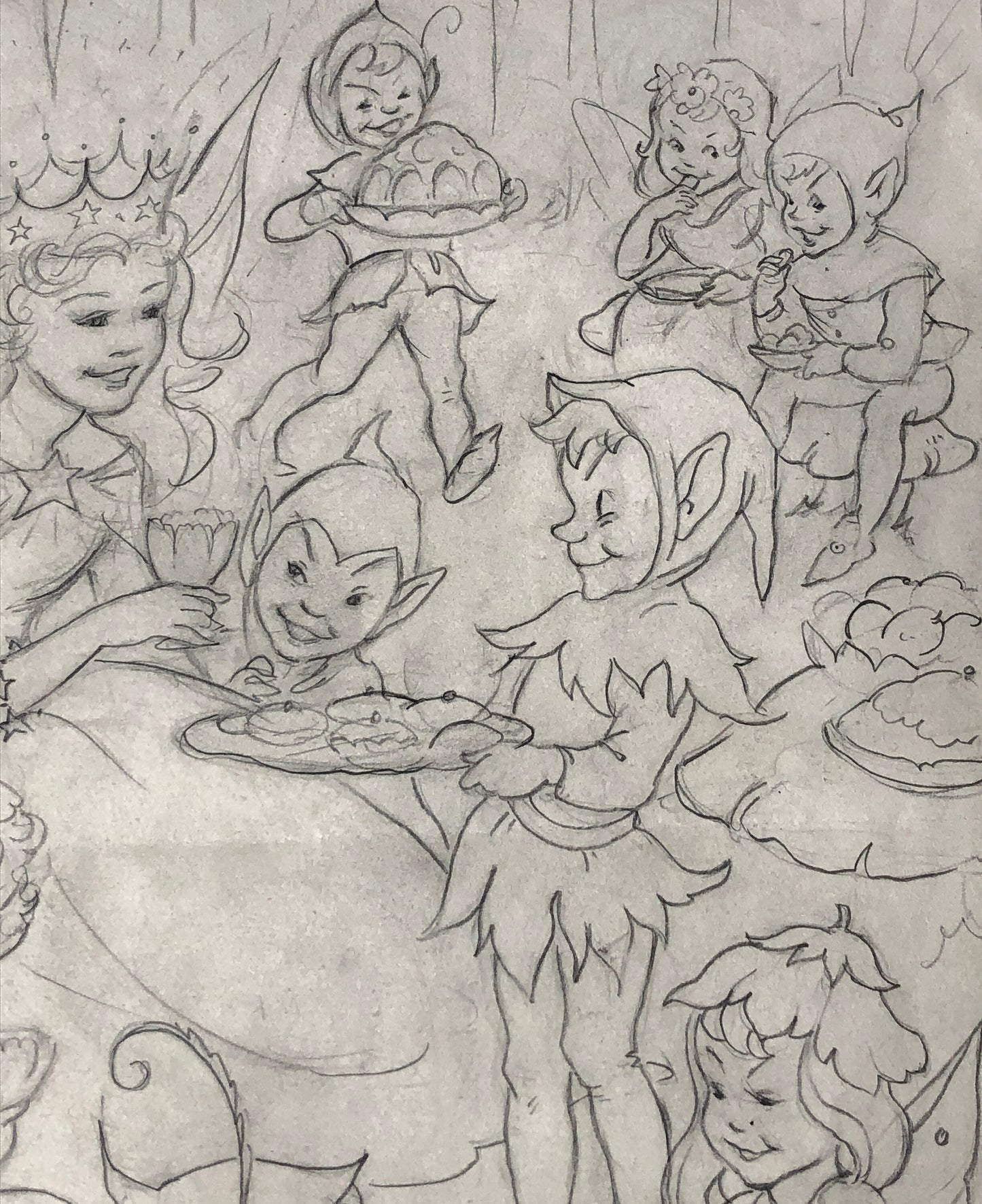An Original Illustration From The 1950’s. The Fairy Queen and Pixies. Pencil Drawing. Size: 31.4 x 24 cms.