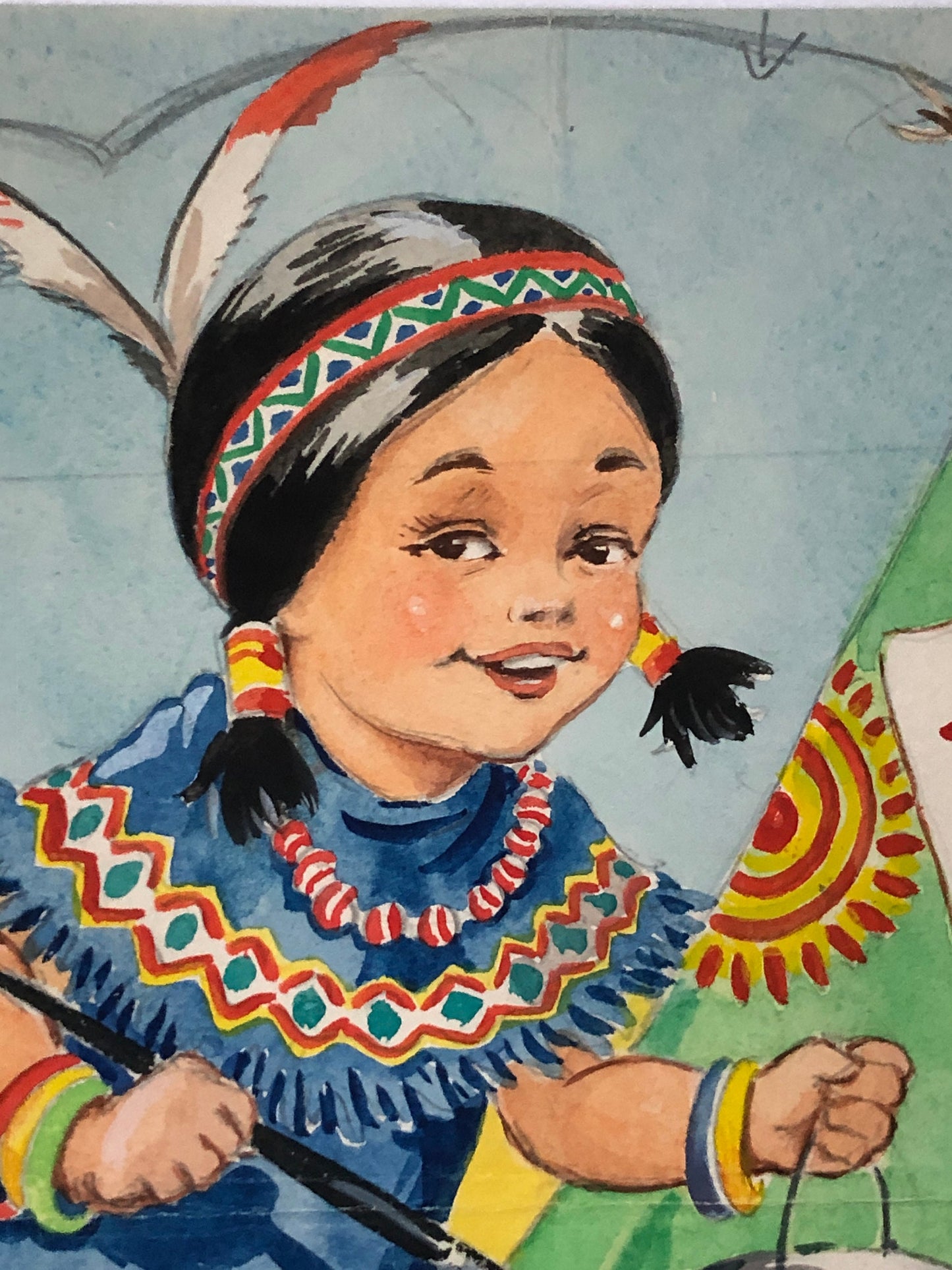 An Original Illustration From The 1950’s. Girl Dressed a A Native American. Watercolour. Size: 30.5 x 23.2 cms.