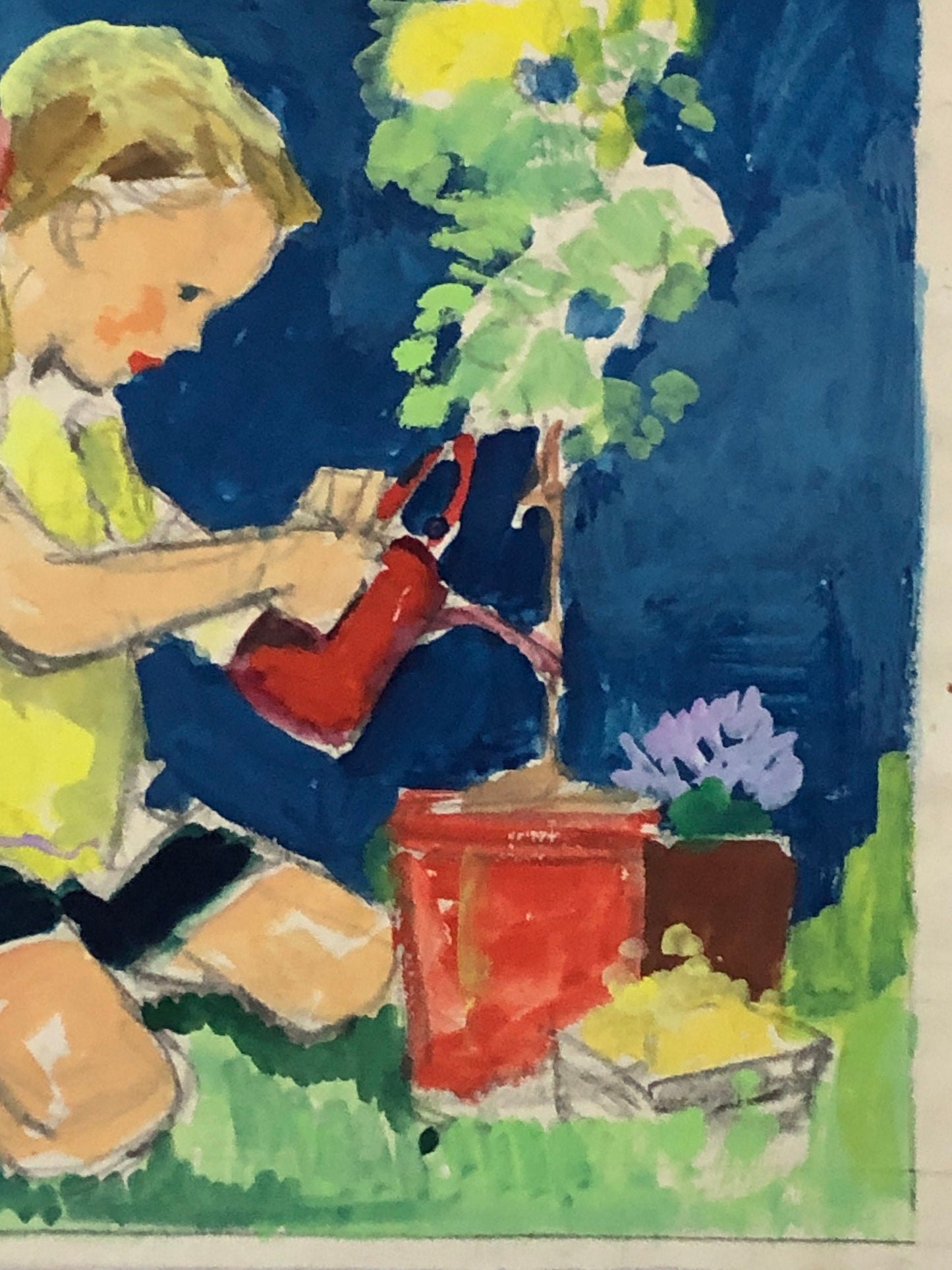 An Original Illustration From The 1950’s. Girl Watering Plant. Watercolour. Size: 23 x 18.5 cms.