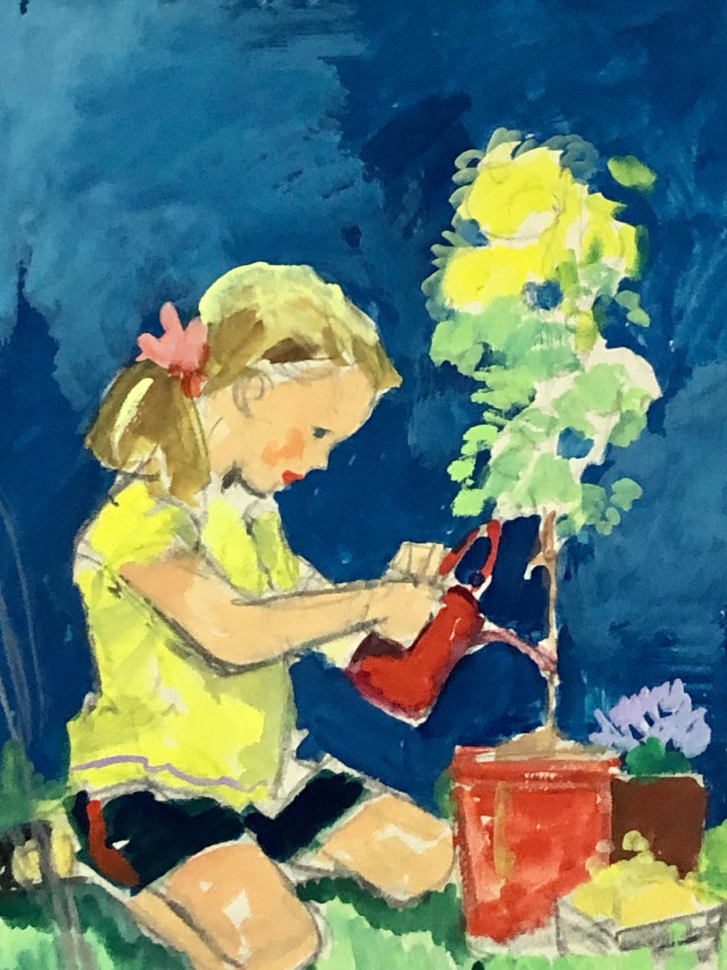 An Original Illustration From The 1950’s. Girl Watering Plant. Watercolour. Size: 23 x 18.5 cms.