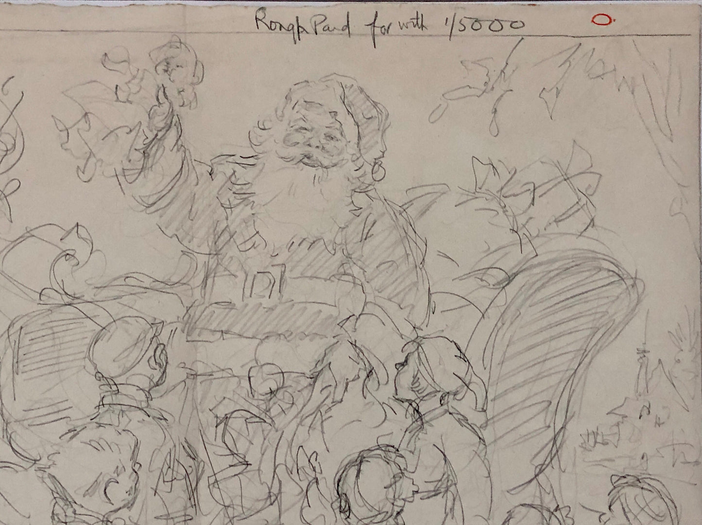 An Original Illustration From The 1950’s. Pencil Drawing. Children Visiting Santa Claus. Size: 27.8 x 38 cms.