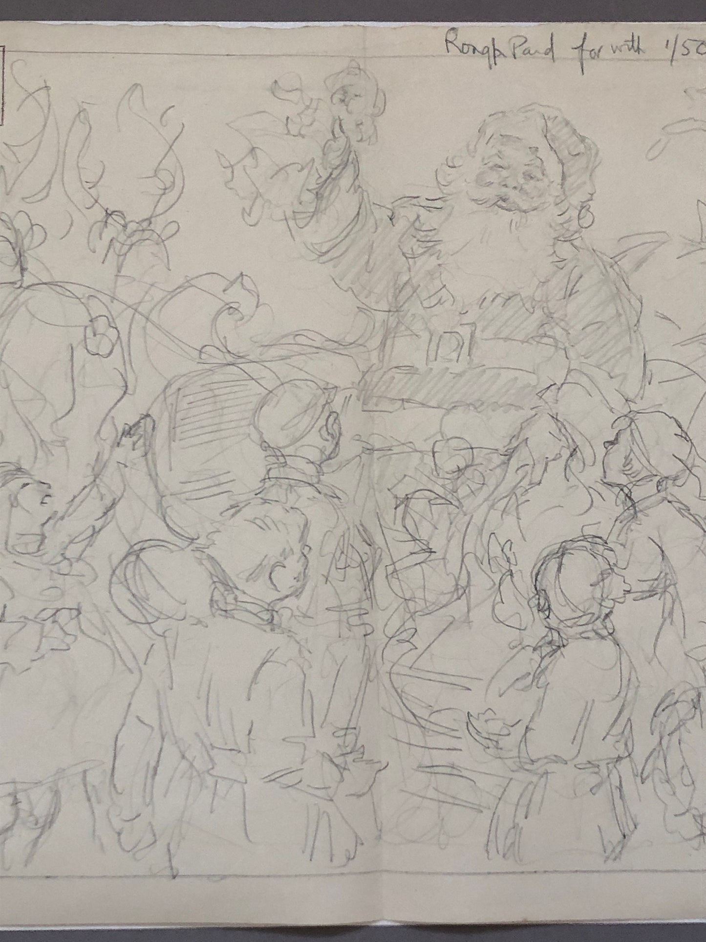 An Original Illustration From The 1950’s. Pencil Drawing. Children Visiting Santa Claus. Size: 27.8 x 38 cms.