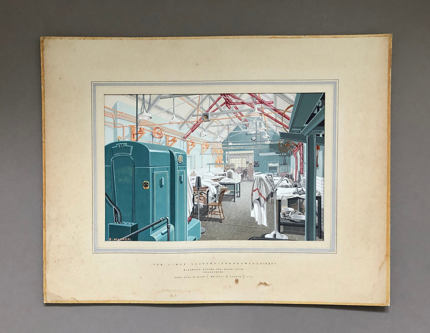 Original Graphic Artworks by Frank Mather. The Limes Laundry, Farnborough Kent. John Hall & Son. Circa 1902. Size with mount: 43.5 x 56 cms.