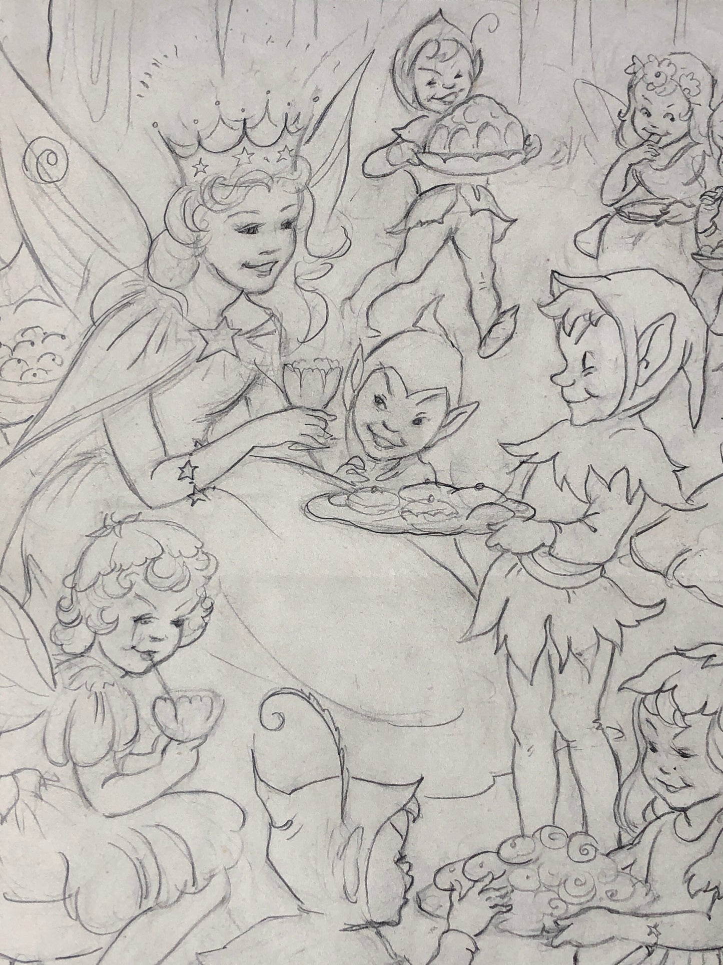 An Original Illustration From The 1950’s. The Fairy Queen and Pixies. Pencil Drawing. Size: 31.4 x 24 cms.
