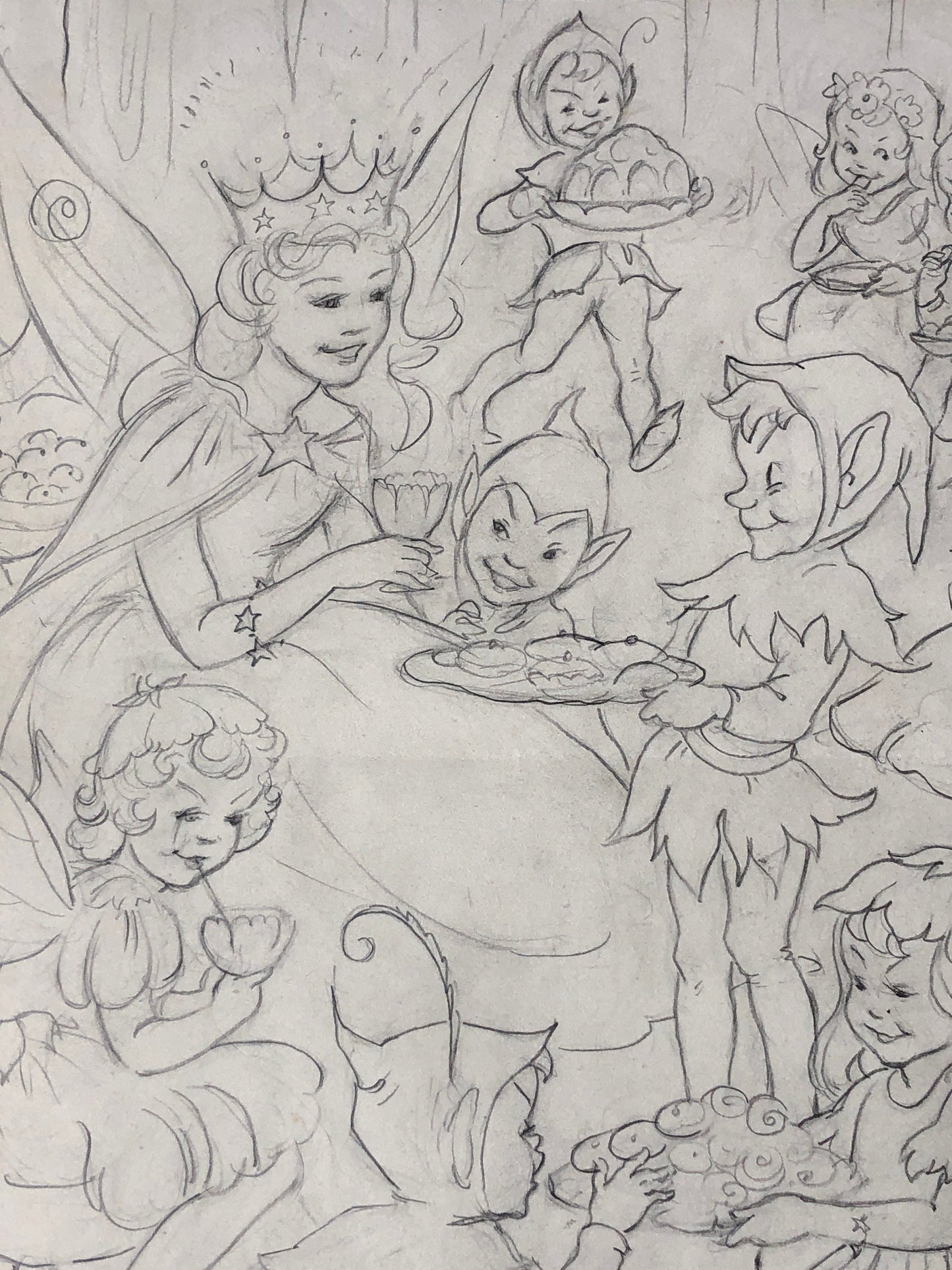 An Original Illustration From The 1950’s. The Fairy Queen and Pixies. Pencil Drawing. Size: 31.4 x 24 cms.