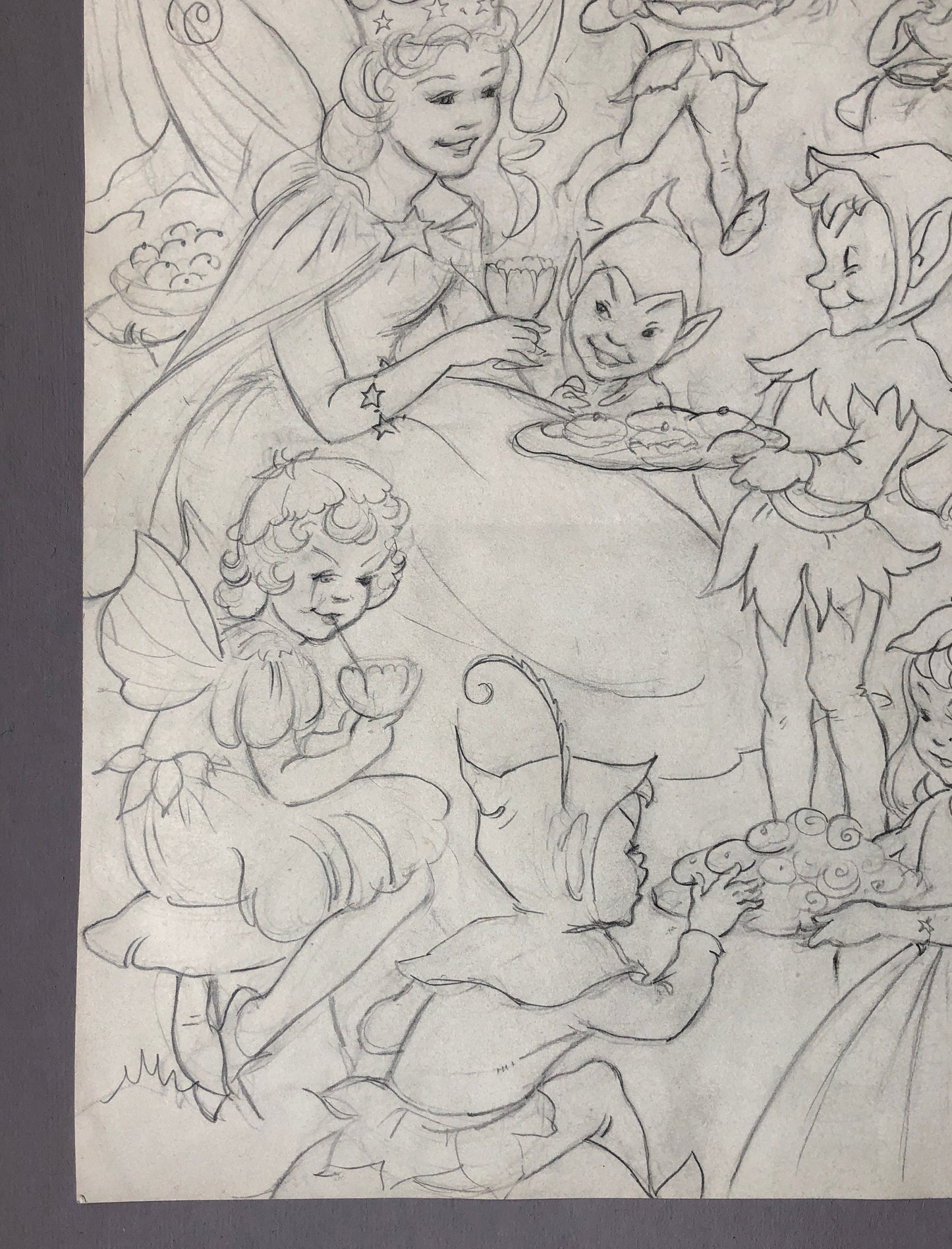 An Original Illustration From The 1950’s. The Fairy Queen and Pixies. Pencil Drawing. Size: 31.4 x 24 cms.