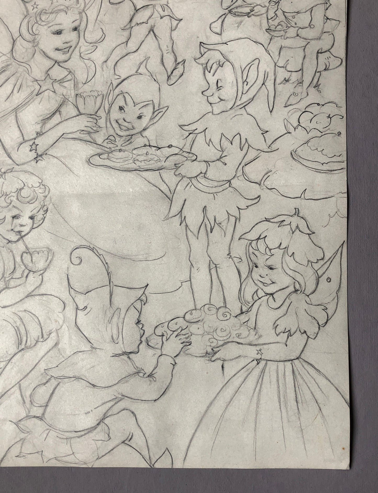 An Original Illustration From The 1950’s. The Fairy Queen and Pixies. Pencil Drawing. Size: 31.4 x 24 cms.