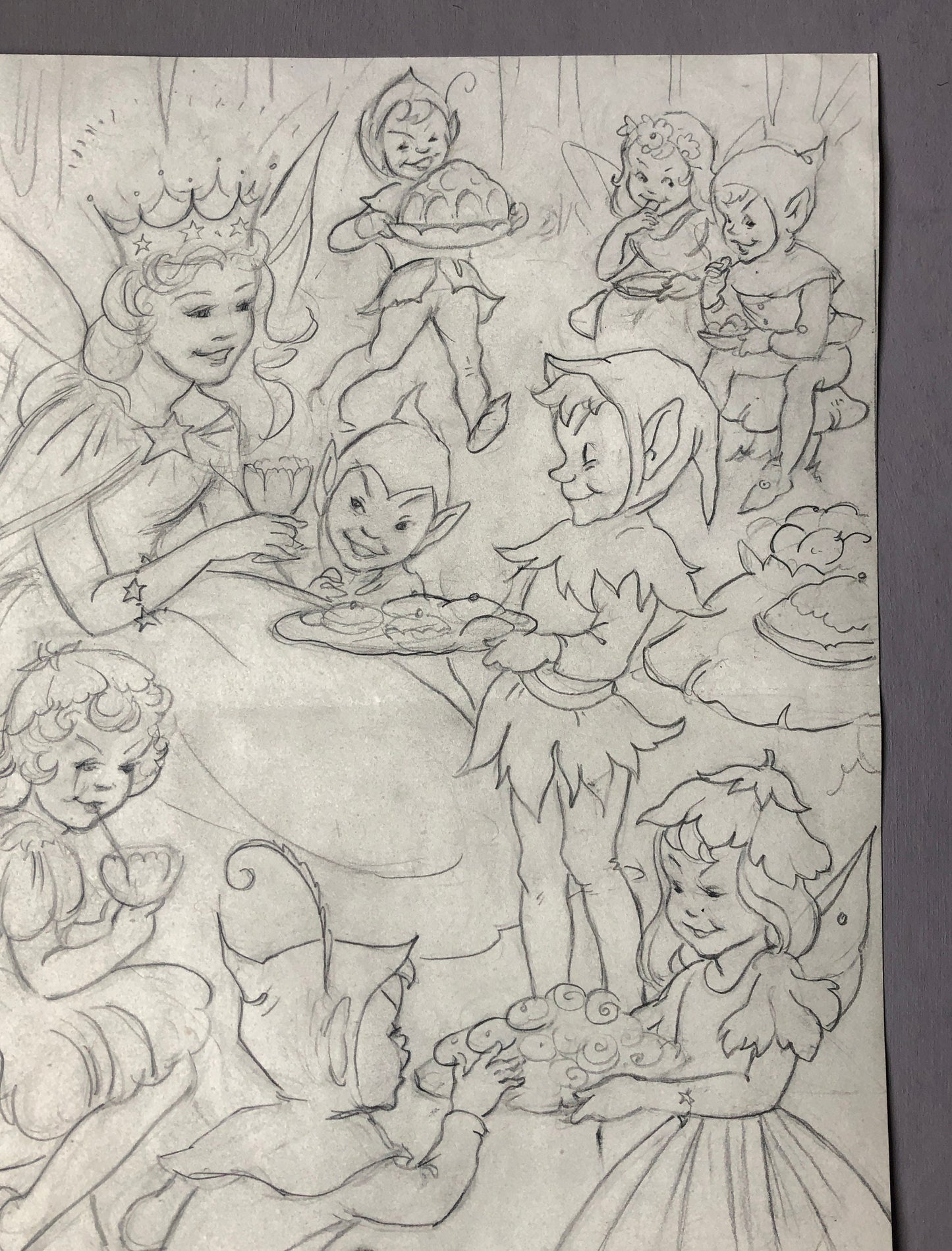 An Original Illustration From The 1950’s. The Fairy Queen and Pixies. Pencil Drawing. Size: 31.4 x 24 cms.