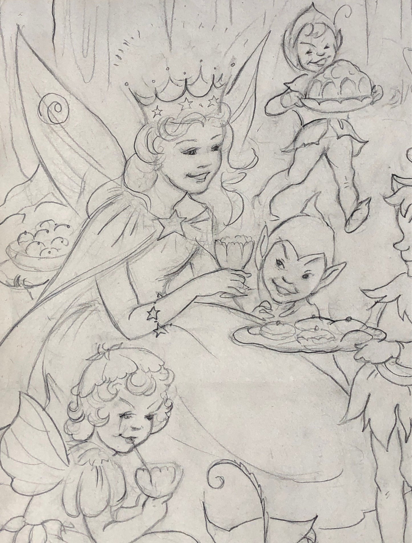 An Original Illustration From The 1950’s. The Fairy Queen and Pixies. Pencil Drawing. Size: 31.4 x 24 cms.