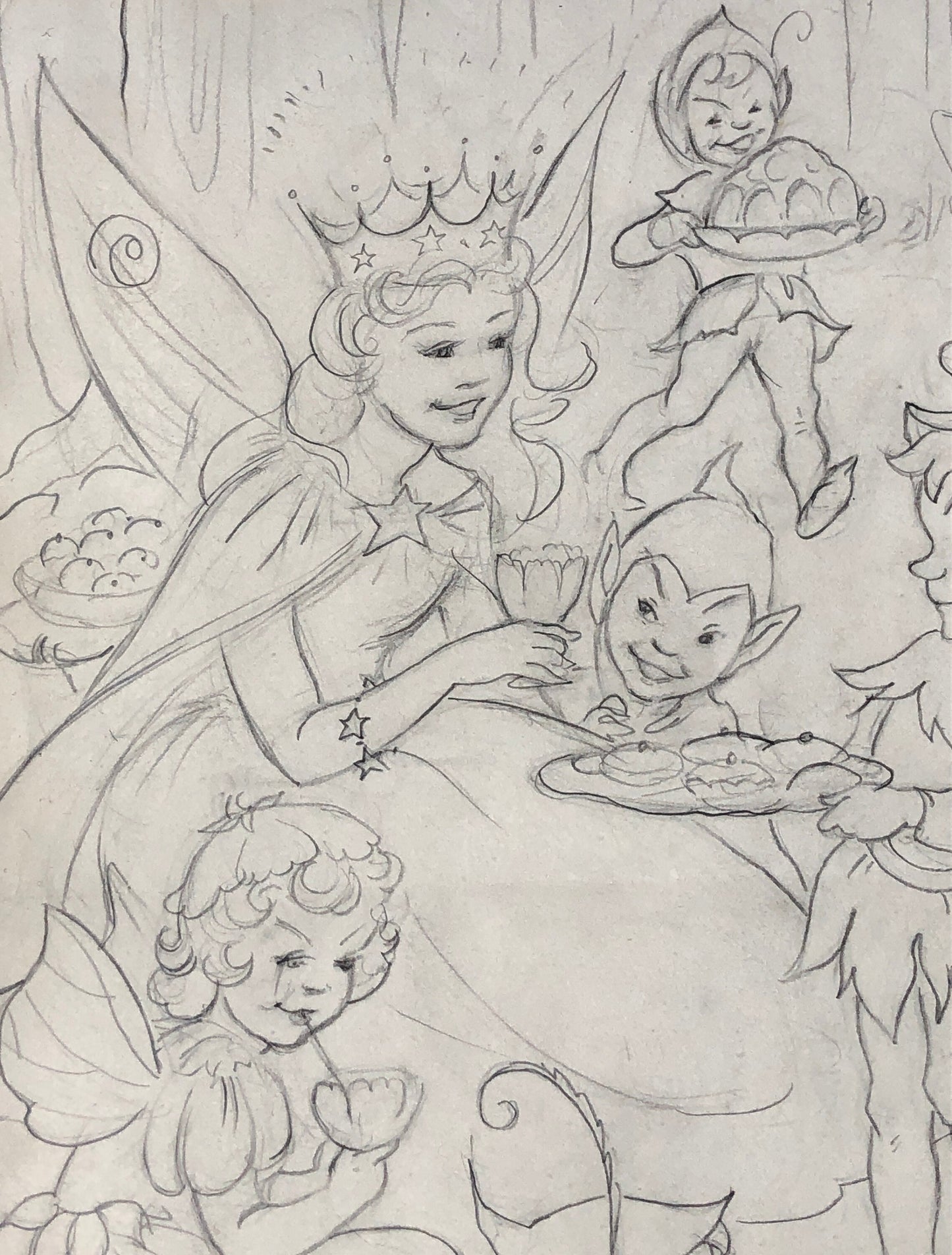 An Original Illustration From The 1950’s. The Fairy Queen and Pixies. Pencil Drawing. Size: 31.4 x 24 cms.