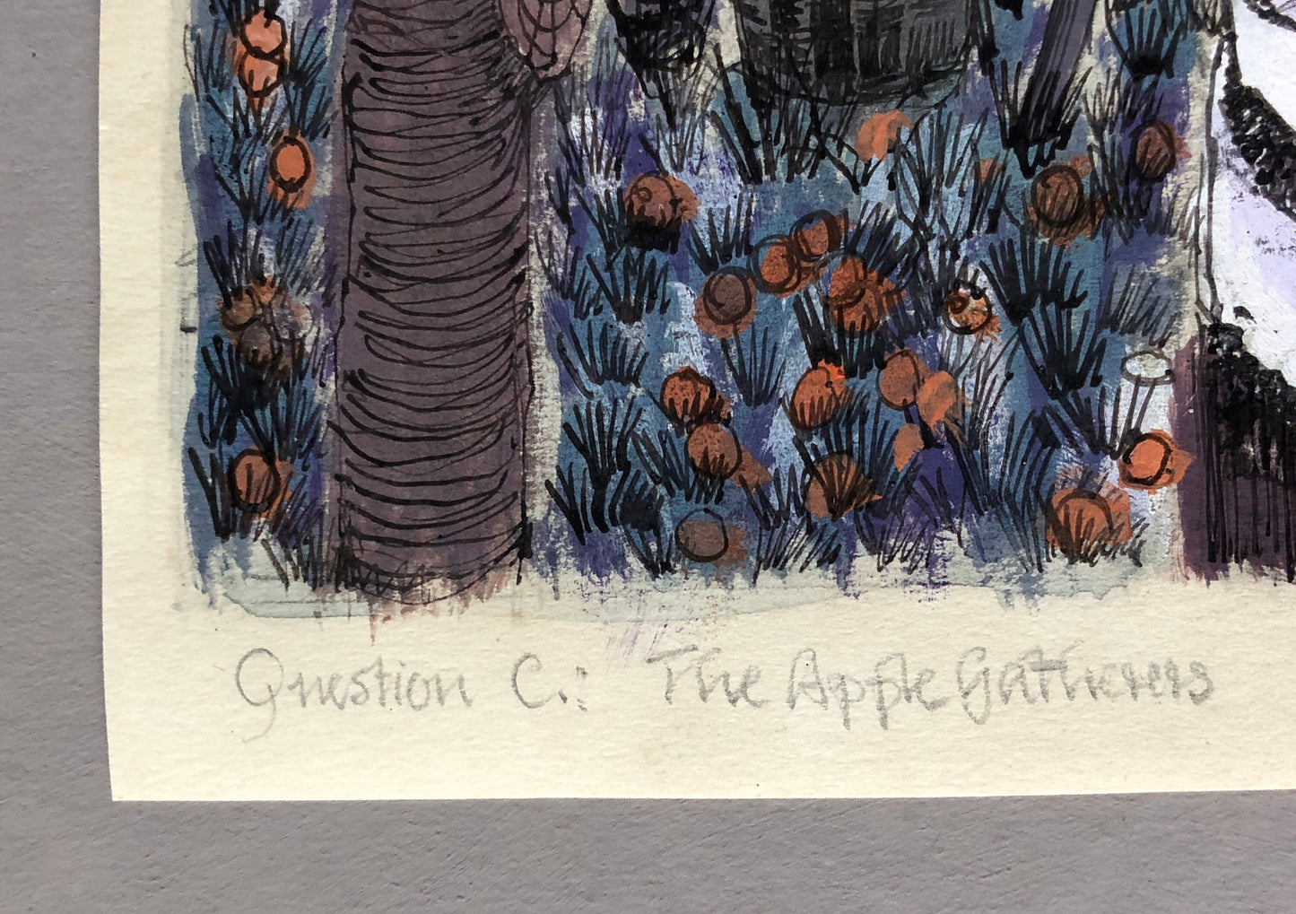 An Original Artwork Entitled The Apple Gatherers. An Examination Piece. Paint and Ink. Unsigned. Possibly 1960’s. Size: 36.4 x 24 cms.