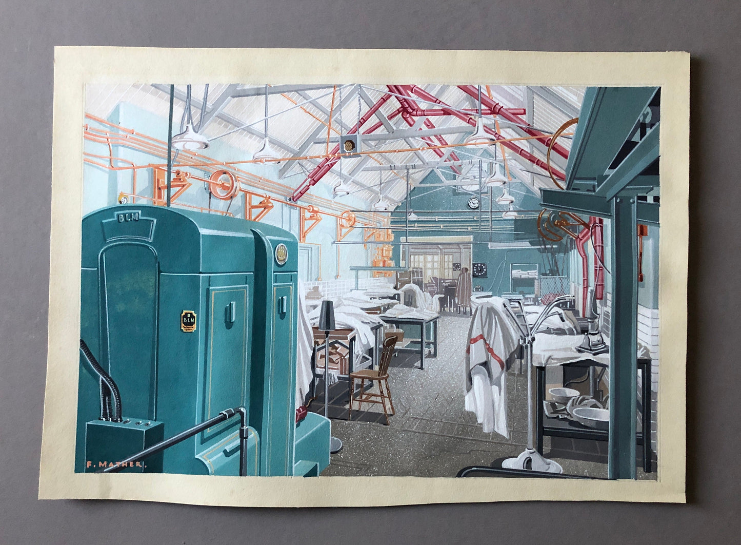 Original Graphic Artworks by Frank Mather. The Limes Laundry, Farnborough Kent. John Hall & Son. Circa 1902. Size with mount: 43.5 x 56 cms.