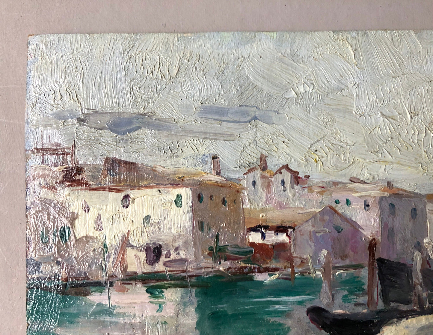 An Original oil Painting By Neapolitan Artist Vincenzo Colucci (1898 -1970). A Waterfront Scene. Signed and Dated. Size: 23.3 x 31.5 cms.
