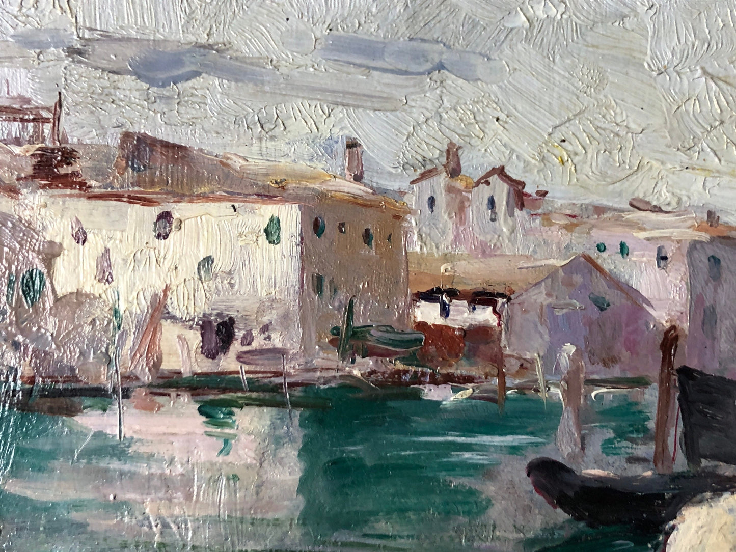 An Original oil Painting By Neapolitan Artist Vincenzo Colucci (1898 -1970). A Waterfront Scene. Signed and Dated. Size: 23.3 x 31.5 cms.