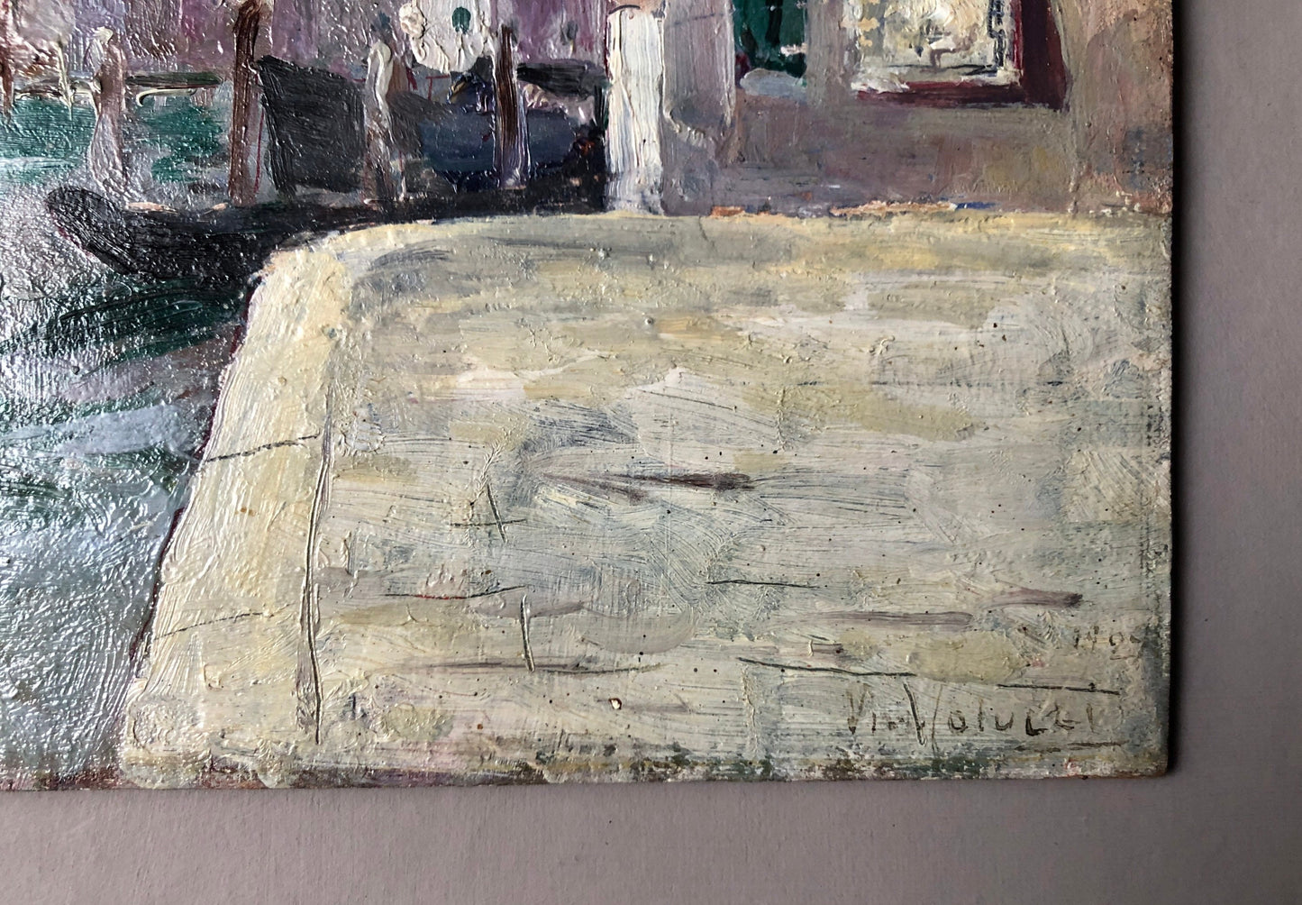 An Original oil Painting By Neapolitan Artist Vincenzo Colucci (1898 -1970). A Waterfront Scene. Signed and Dated. Size: 23.3 x 31.5 cms.