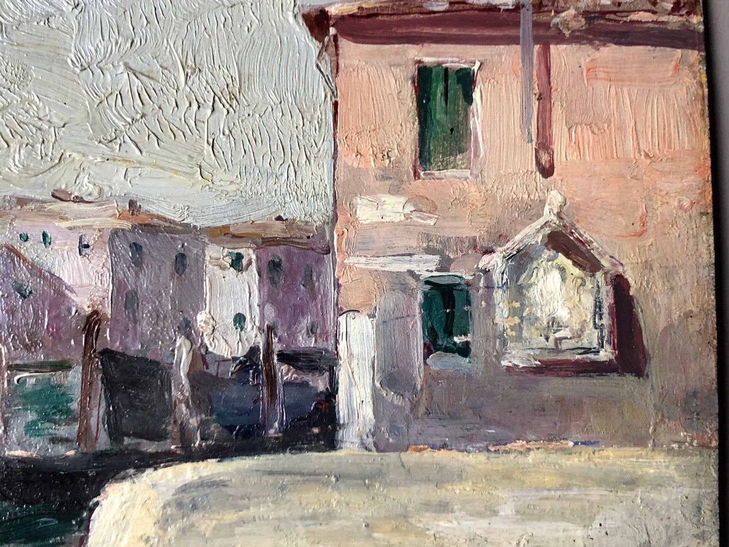 An Original oil Painting By Neapolitan Artist Vincenzo Colucci (1898 -1970). A Waterfront Scene. Signed and Dated. Size: 23.3 x 31.5 cms.