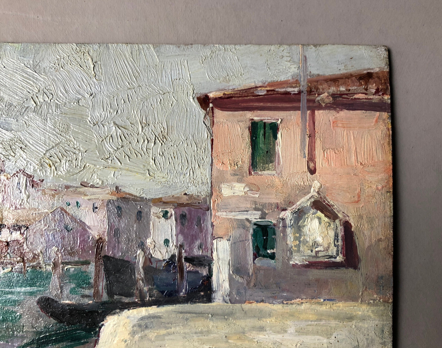 An Original oil Painting By Neapolitan Artist Vincenzo Colucci (1898 -1970). A Waterfront Scene. Signed and Dated. Size: 23.3 x 31.5 cms.