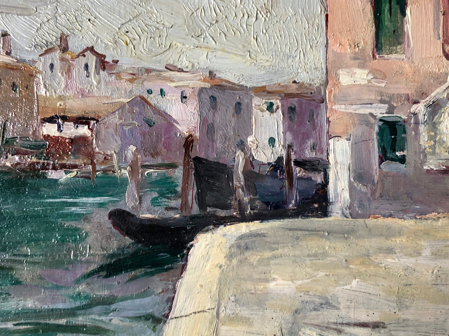 An Original oil Painting By Neapolitan Artist Vincenzo Colucci (1898 -1970). A Waterfront Scene. Signed and Dated. Size: 23.3 x 31.5 cms.