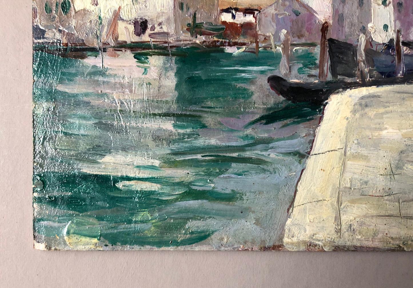 An Original oil Painting By Neapolitan Artist Vincenzo Colucci (1898 -1970). A Waterfront Scene. Signed and Dated. Size: 23.3 x 31.5 cms.