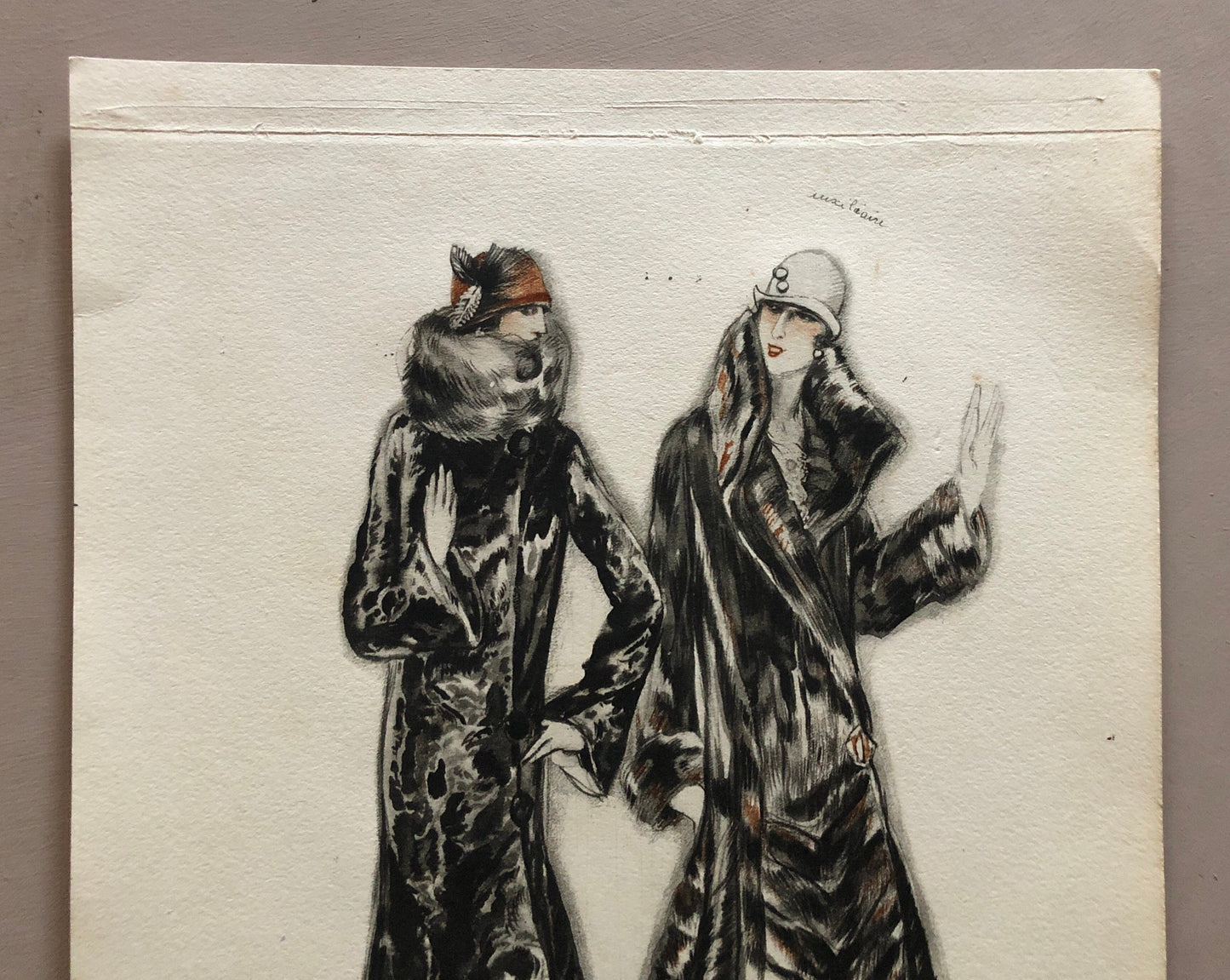 Simon Frères. Women in Furs. A Print Having The Appearance of A Watercolour. French. Dated 1925. Size: 21 x 27 cms.