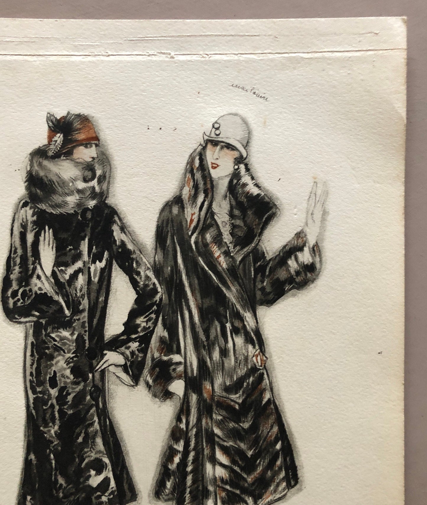 Simon Frères. Women in Furs. A Print Having The Appearance of A Watercolour. French. Dated 1925. Size: 21 x 27 cms.