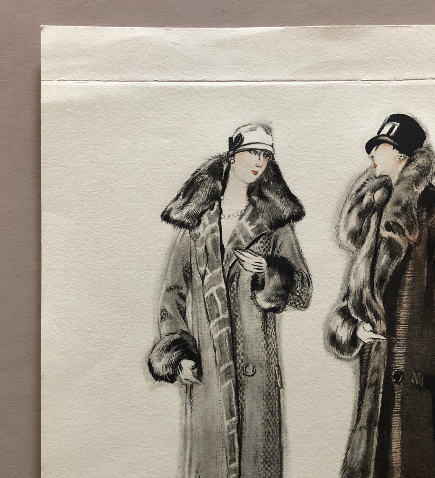 Simon Frères. Women in Furs. A Print Having The Appearance of A Watercolour. French. Dated 1925. Size: 21 x 27 cms.