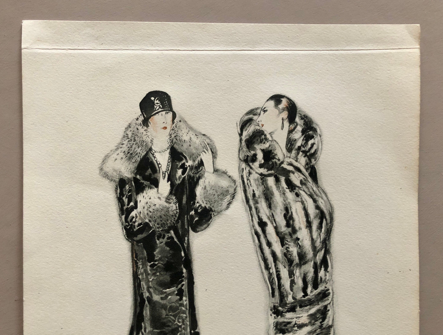 Simon Frères. Women in Furs. A Print Having The Appearance of A Watercolour. French. Dated 1925. Size: 21 x 27 cms.