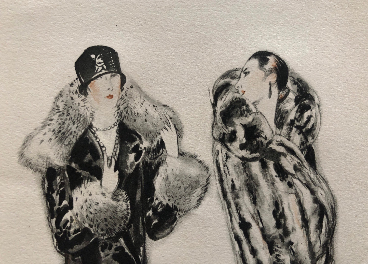 Simon Frères. Women in Furs. A Print Having The Appearance of A Watercolour. French. Dated 1925. Size: 21 x 27 cms.