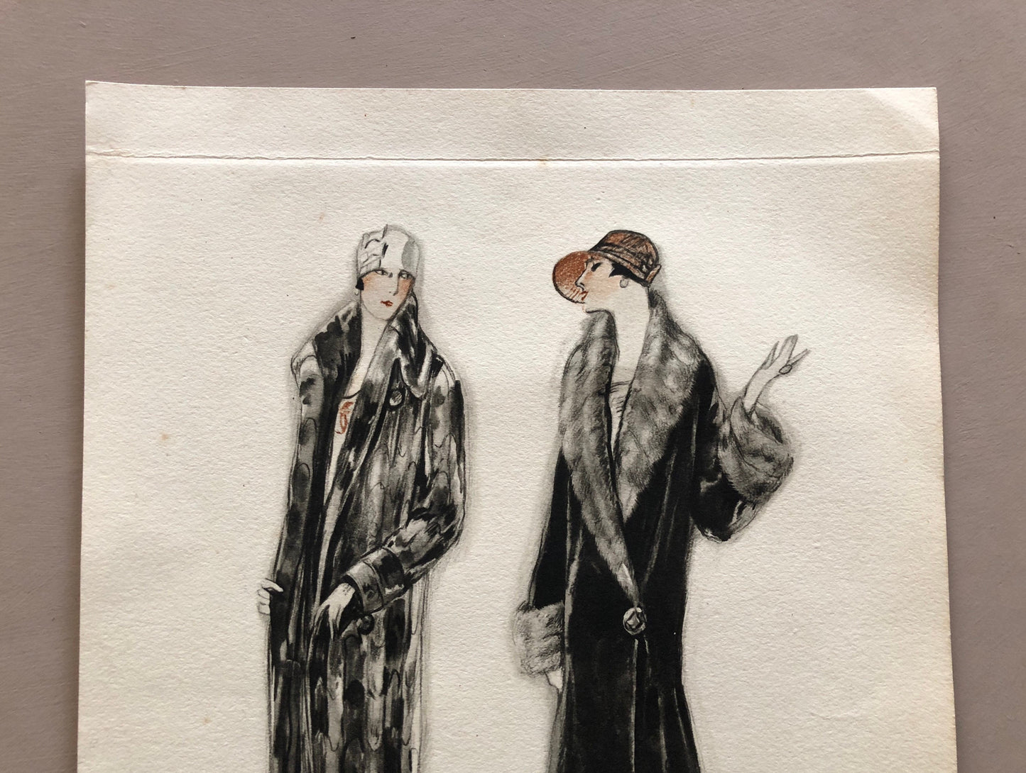 Simon Frères. Women in Furs. A Print Having The Appearance of A Watercolour. French. Dated 1925. Size: 21 x 27 cms.