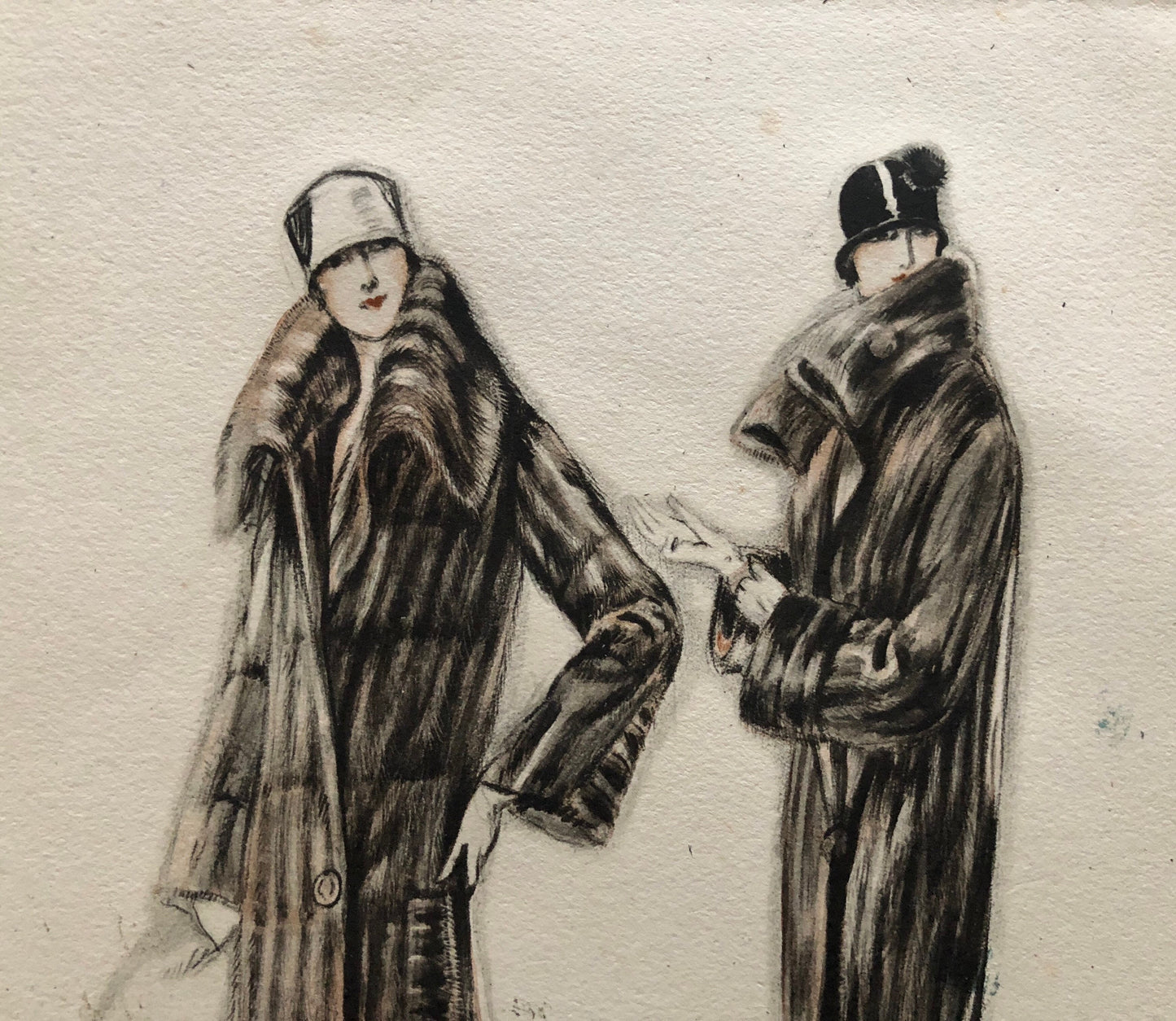 Simon Frères. Women in Furs. A Print Having The Appearance of A Watercolour. French. Dated 1925. Size: 21 x 27 cms.