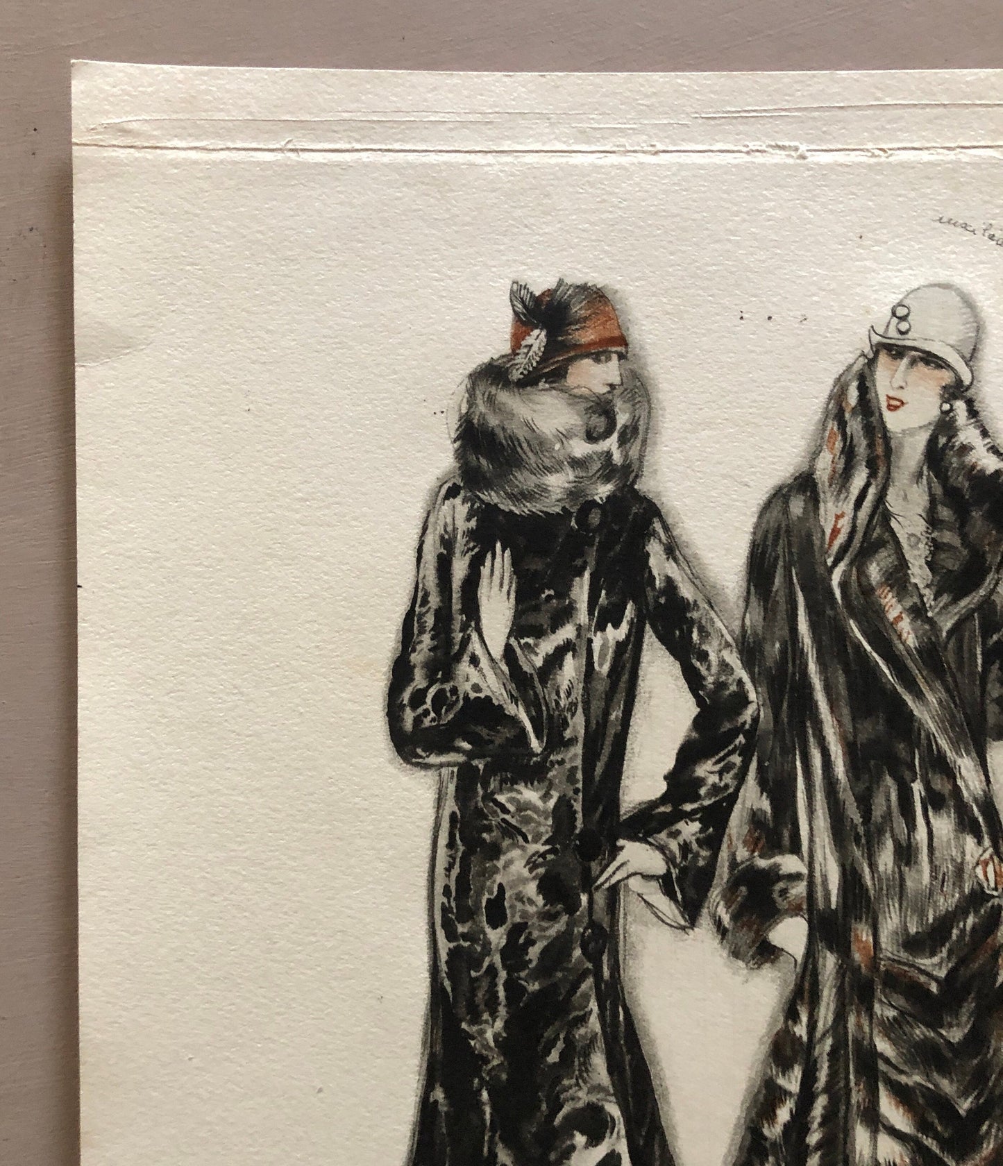 Simon Frères. Women in Furs. A Print Having The Appearance of A Watercolour. French. Dated 1925. Size: 21 x 27 cms.