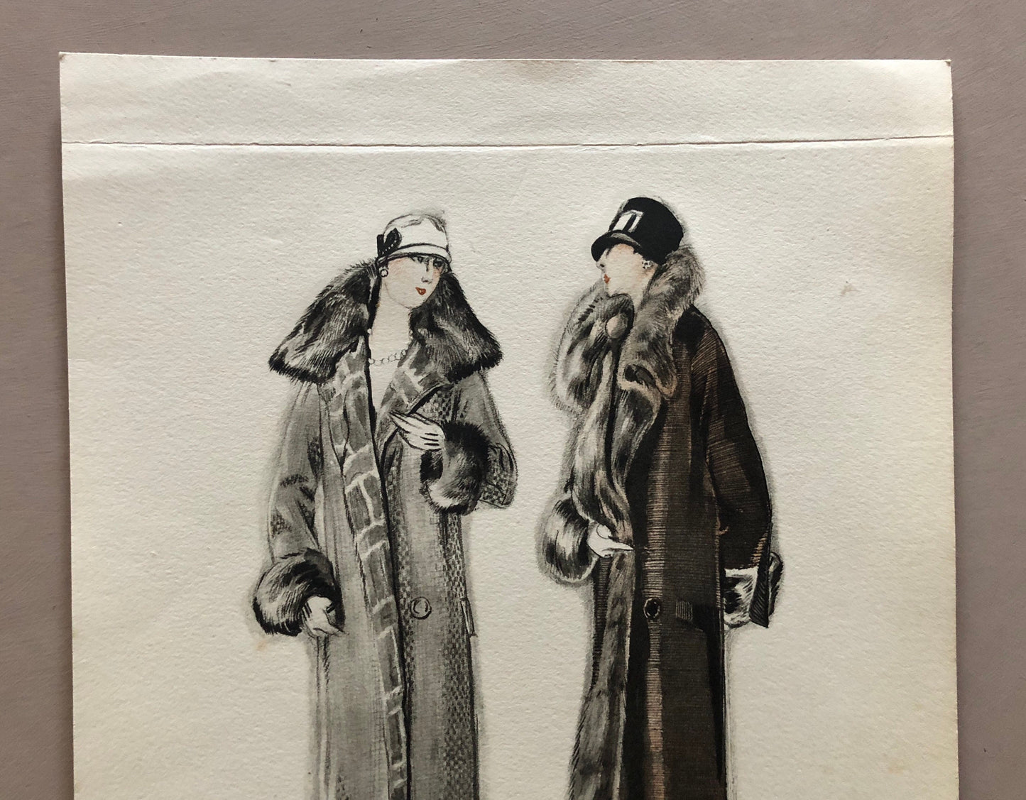 Simon Frères. Women in Furs. A Print Having The Appearance of A Watercolour. French. Dated 1925. Size: 21 x 27 cms.