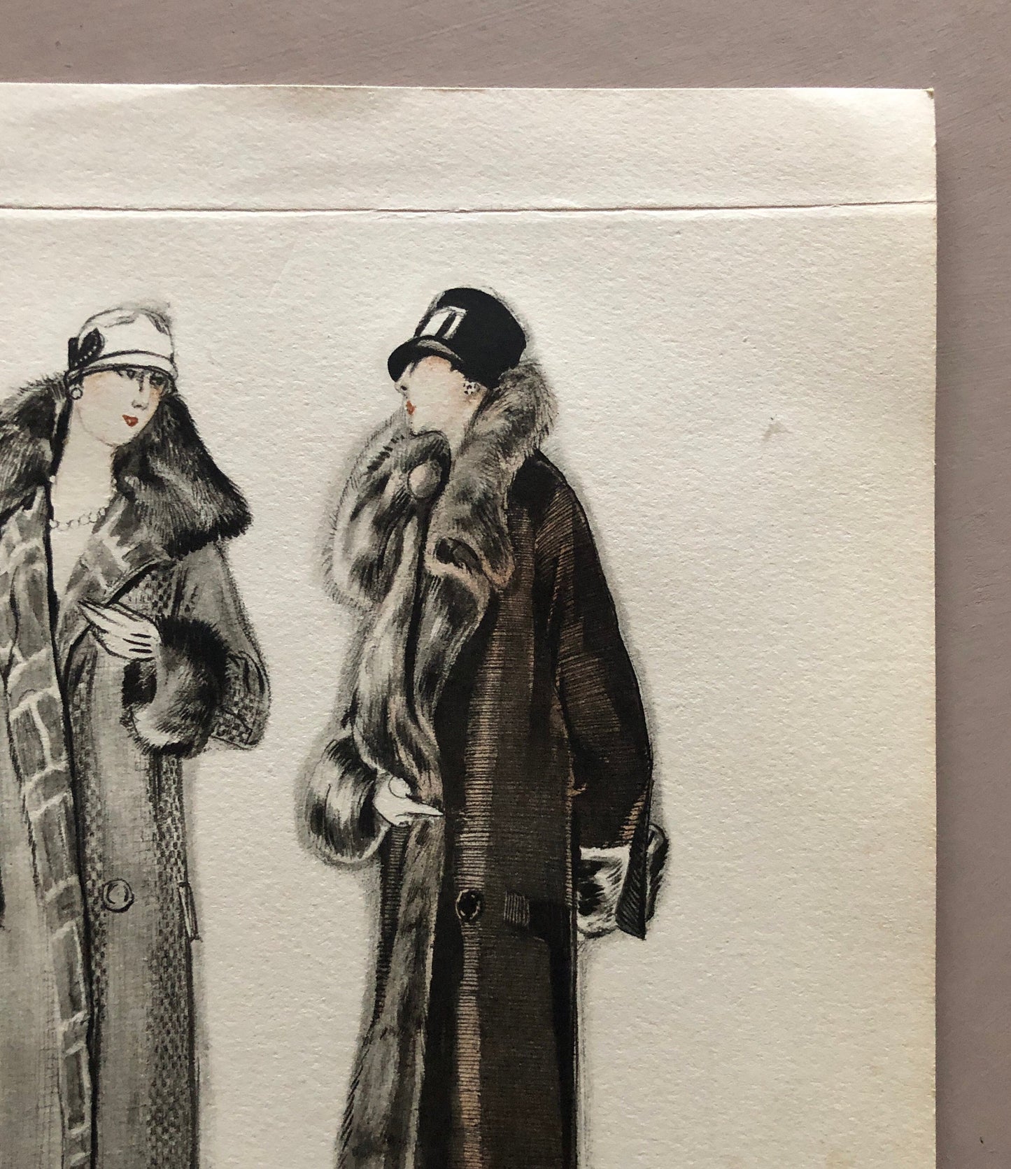 Simon Frères. Women in Furs. A Print Having The Appearance of A Watercolour. French. Dated 1925. Size: 21 x 27 cms.