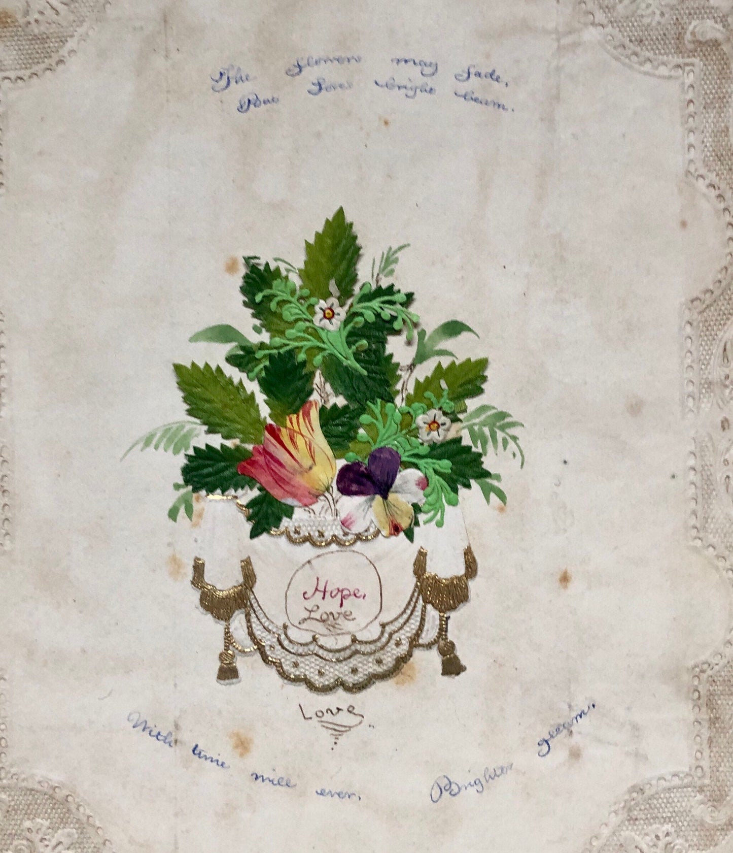 An Original Georgian Découpage. Watercolour Leaves and Flowers on An Embossed Paper Ground. Size: 23 x 19 cms.