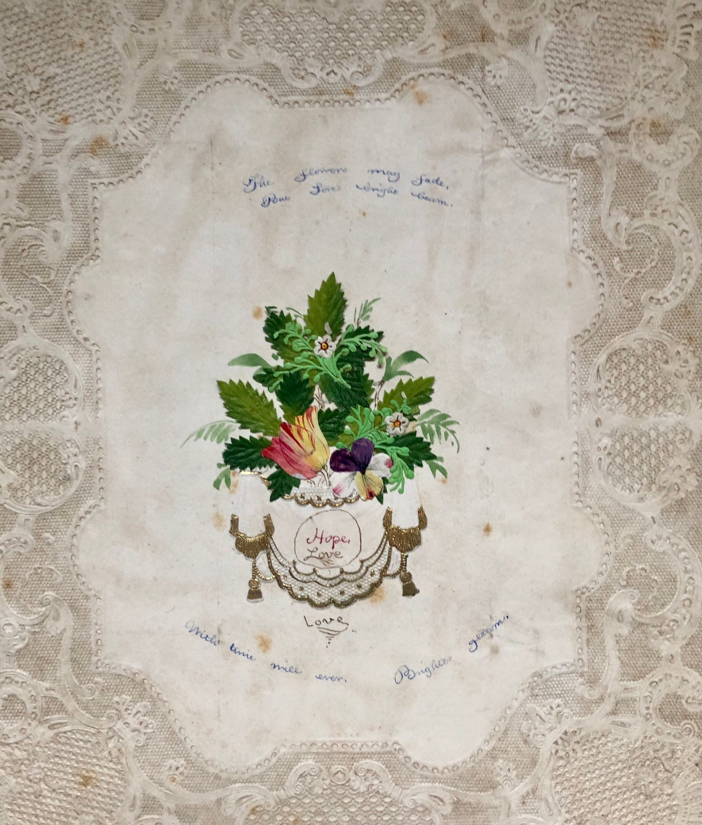 An Original Georgian Découpage. Watercolour Leaves and Flowers on An Embossed Paper Ground. Size: 23 x 19 cms.