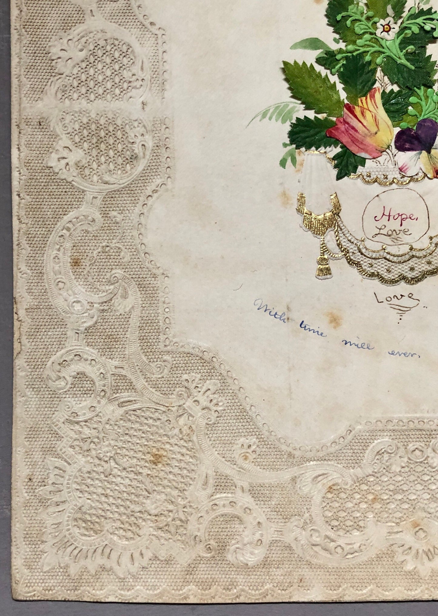 An Original Georgian Découpage. Watercolour Leaves and Flowers on An Embossed Paper Ground. Size: 23 x 19 cms.