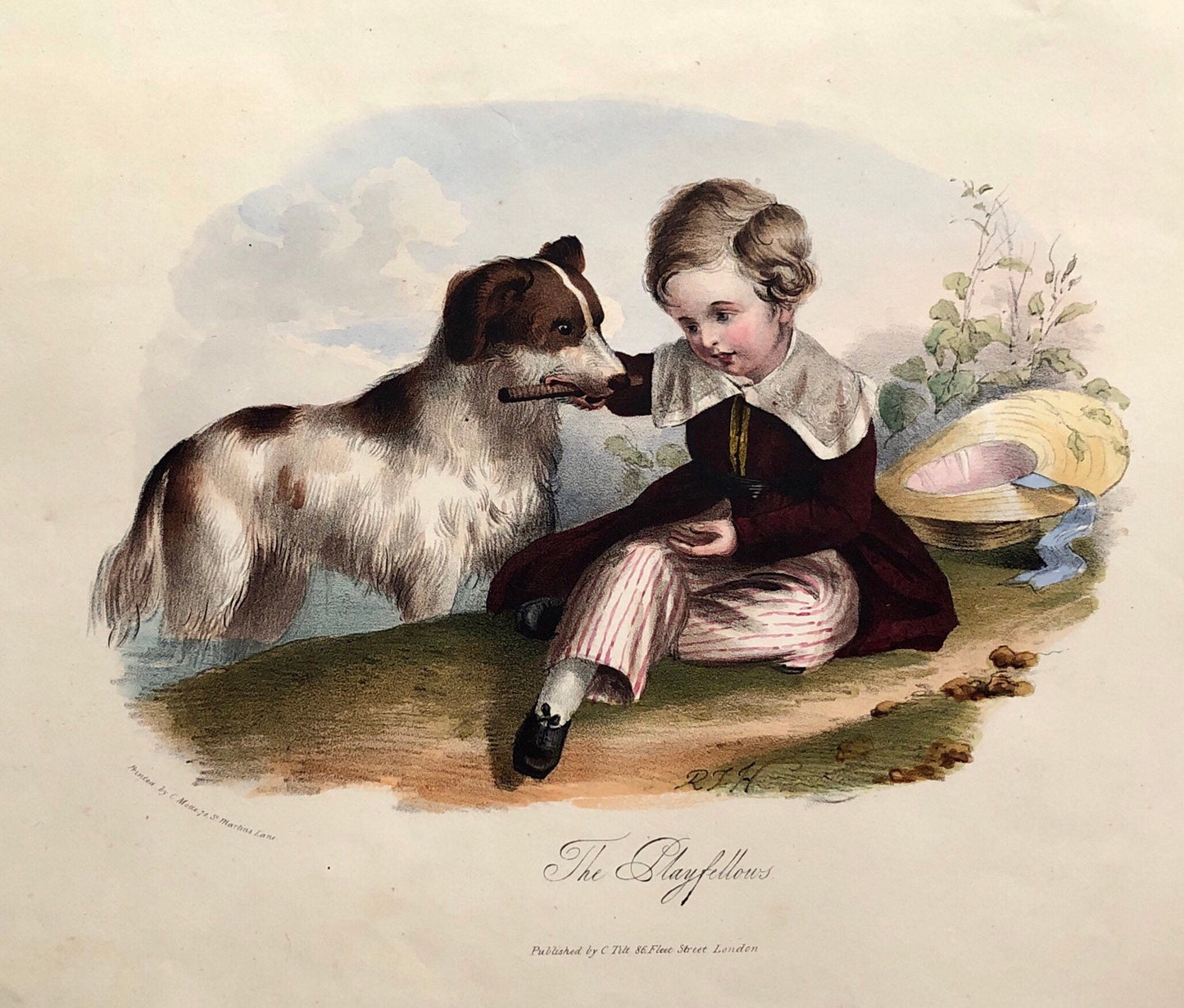 The Playfellows. A Hand Coloured Engraving By American Watercolourist H. Harding. Early 1800s. Size: 28.5 x 22 cms.