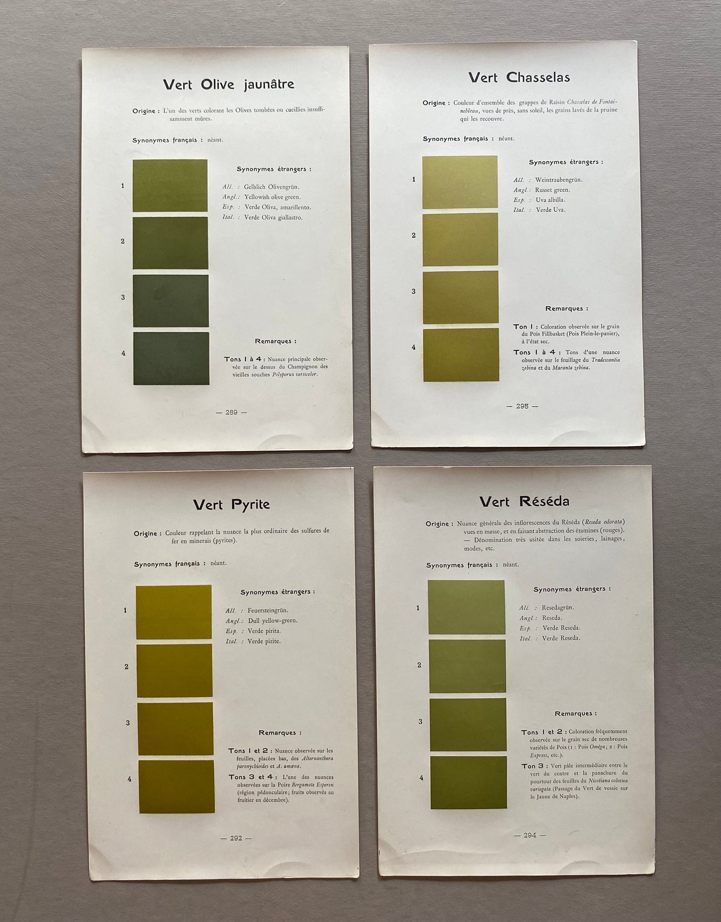 Green. Colour Charts. Four Plates From Le Repetoire Des Planches by Dauthenay. French. Published in 1909. 24 x 16 cms each.
