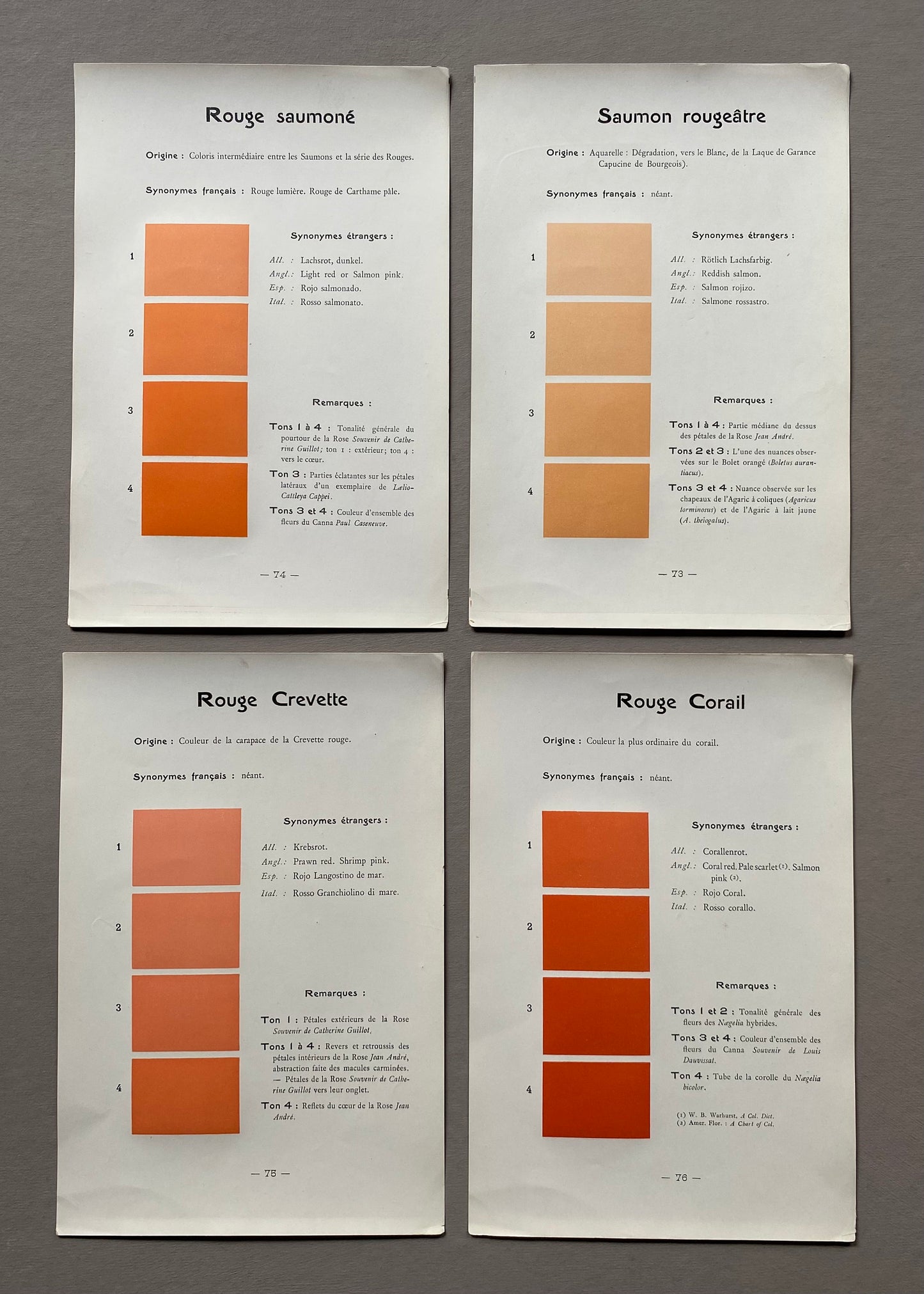 Coral Pink. Colour Charts. Four Plates From Le Repetoire Des Planches by Dauthenay. French. Published in 1909. 24 x 16 cms each.