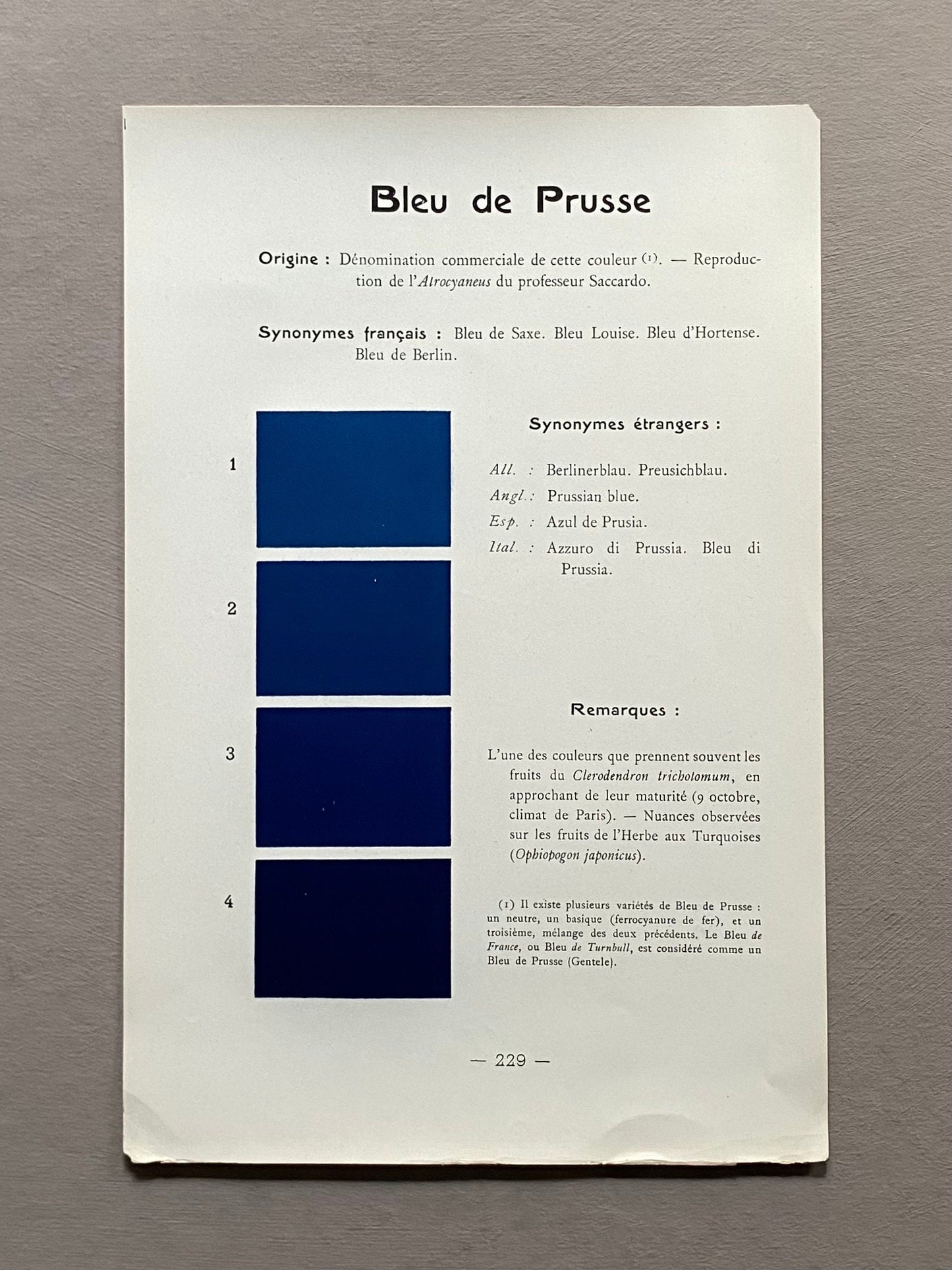 Blue. Colour Charts. Four Plates From Le Repetoire Des Planches by Dauthenay. French. Published in 1909. 24 x 16 cms each.