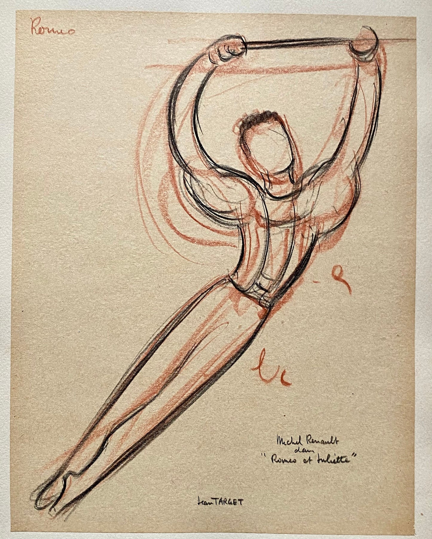 An Original Drawing of Dancer Michel Renault in Romeo and Juliette by Jean Target. 1940’s. Crayon on Paper. 30.5 x 23.5 cms.