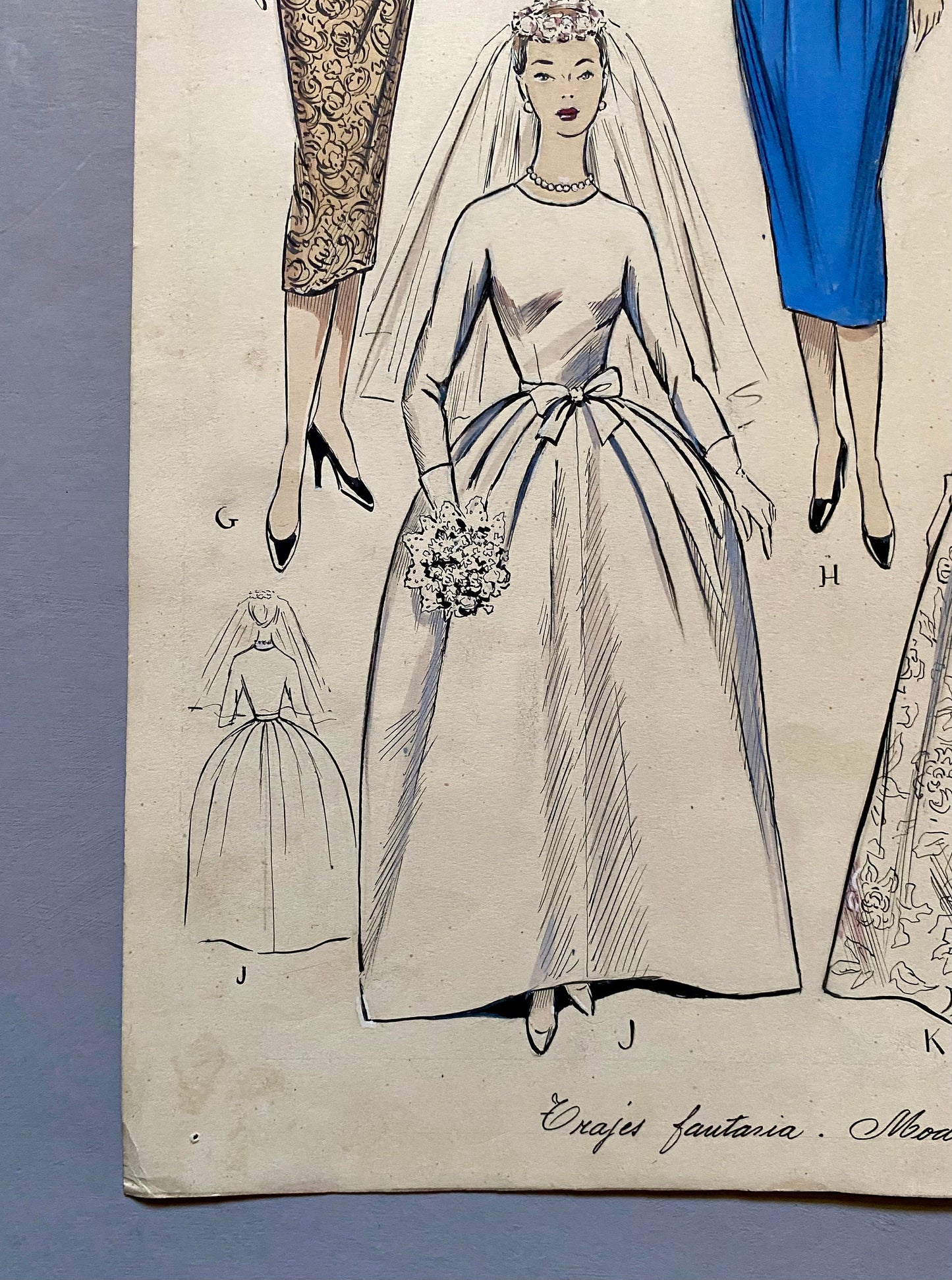 A Large Hand Drawn and Hand Painted Fashion Illustration. Spanish. Barcelona. 1957 - 58. Size: 52 x 41 cms.