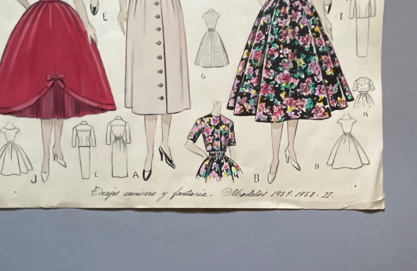 A Large Hand Drawn and Hand Painted Fashion Illustration. Spanish. From Barcelona. 1957 - 1958. Size: 52 x 41.5 cms.