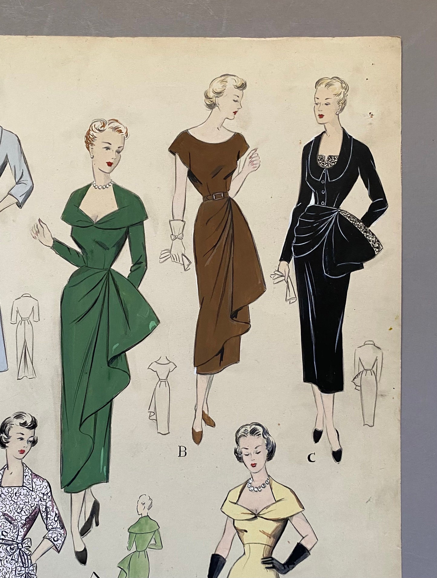 A Large Hand Drawn and Hand Painted Fashion Illustration. From Barcelona, Spain. 1949 - 1950. Size: 51 x 38 cms.