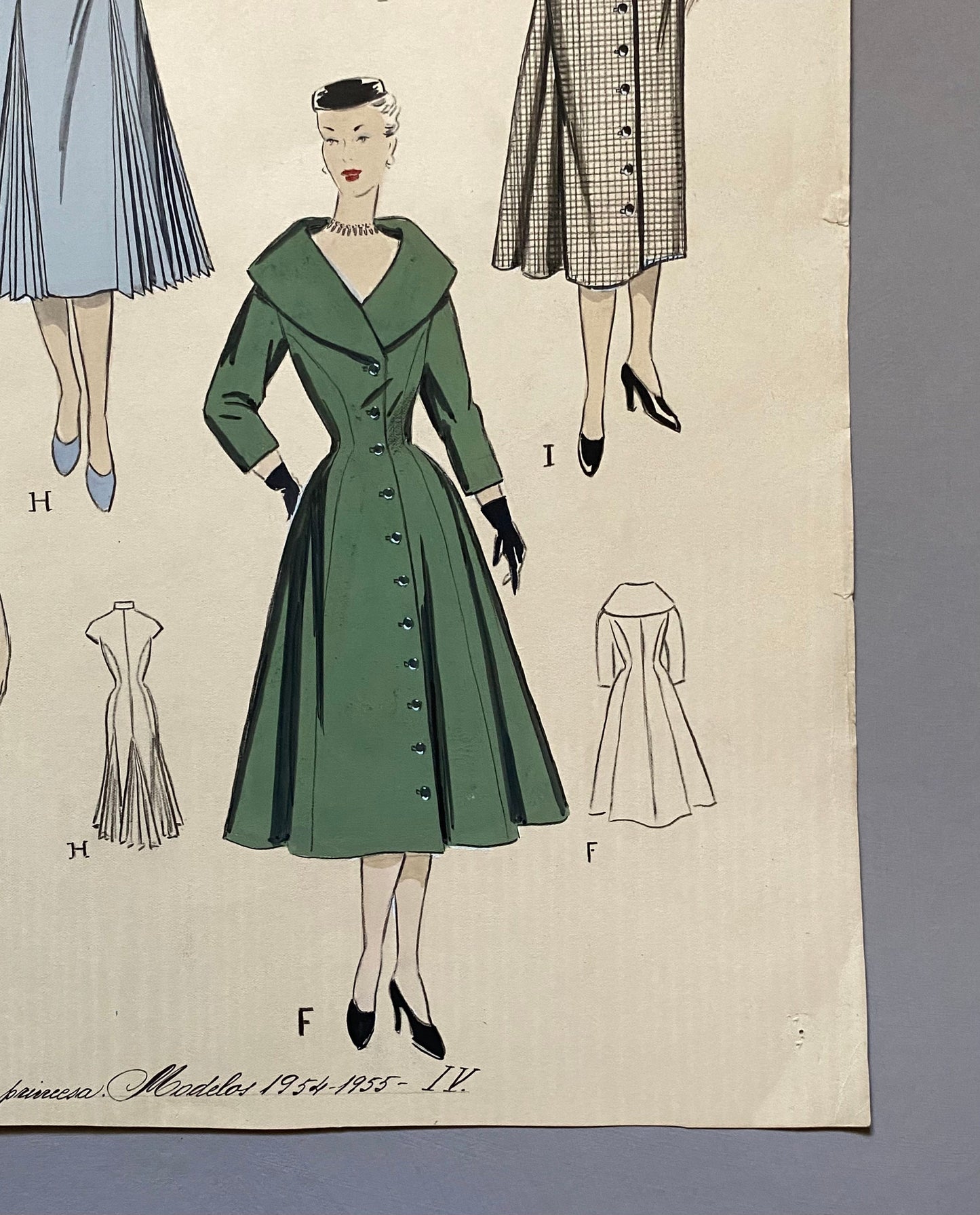 A Large Hand Drawn and Hand Painted Fashion Illustration. From Barcelona, Spain. 1955. Size: 50.5 x 40.5 cms.
