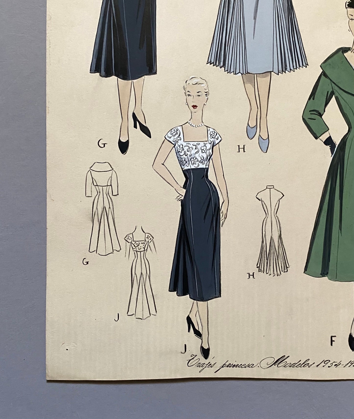 A Large Hand Drawn and Hand Painted Fashion Illustration. From Barcelona, Spain. 1955. Size: 50.5 x 40.5 cms.